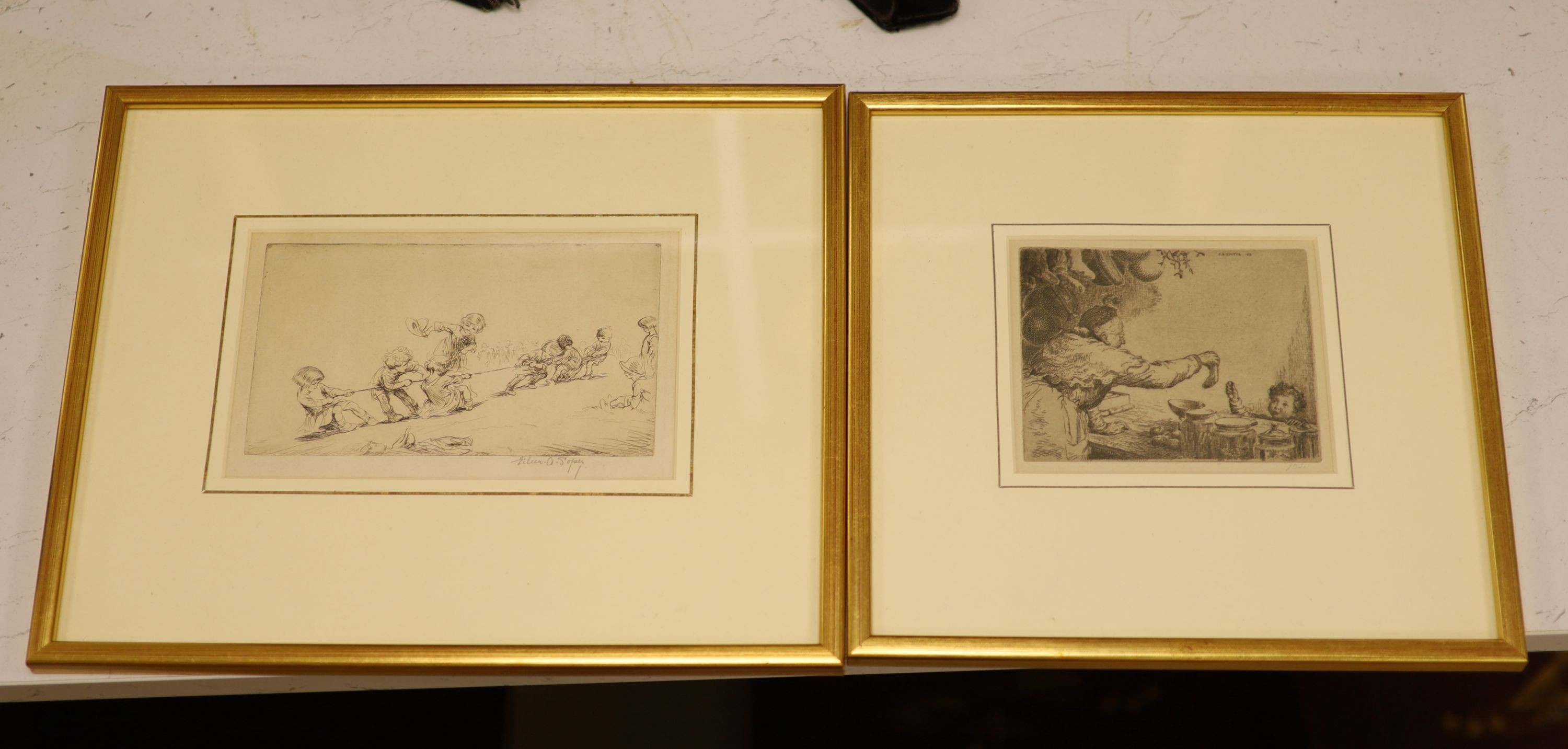 Eileen Alice Soper (1905-1990), etching, Tug of War, signed in pencil, 10 x 17cm and an etching by John Souter, 10 x 12cm